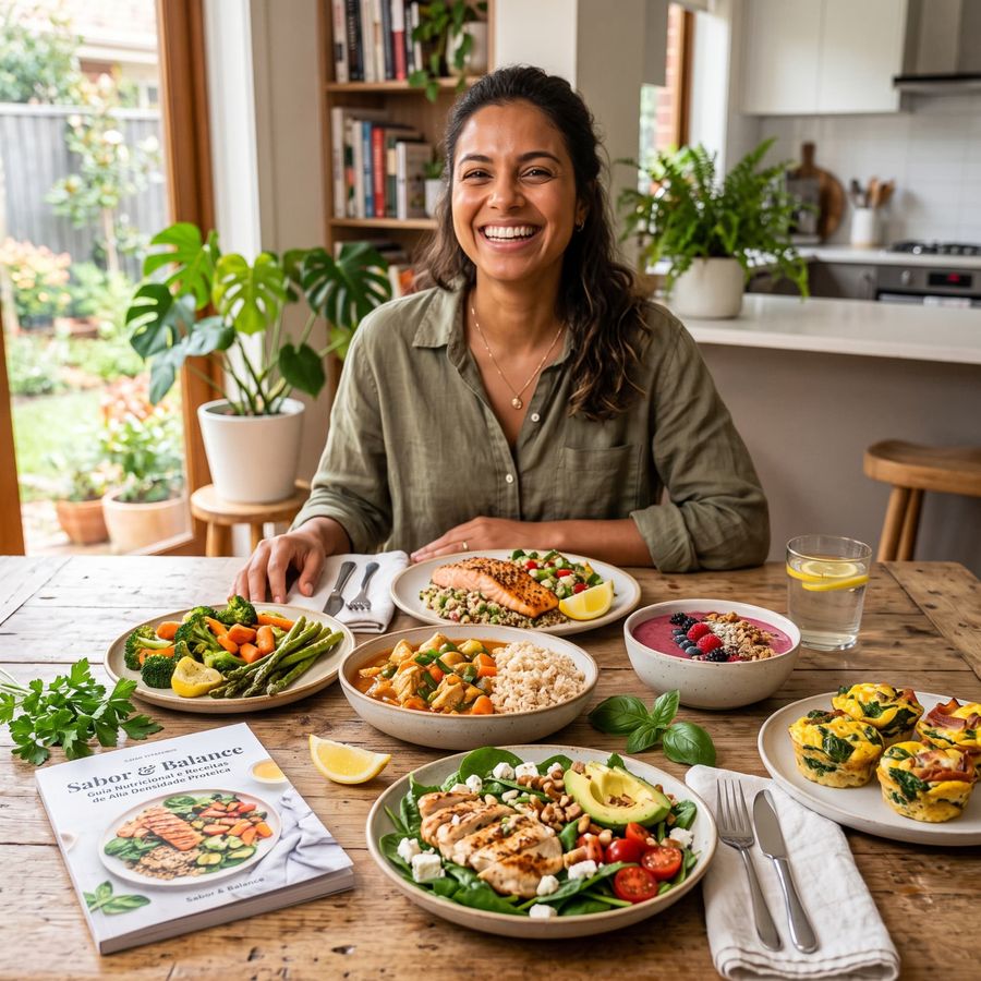 Mujer sonriente en la mesa con platos Sabor e Balance y el recetario