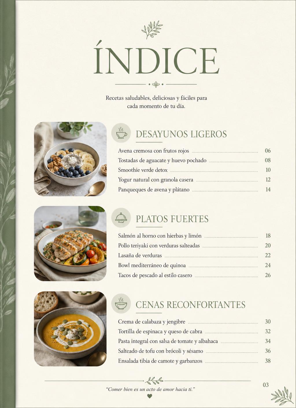 Índice visual del e-book con categorías Desayunos Ligeros, Platos Fuertes y Cenas Reconfortantes