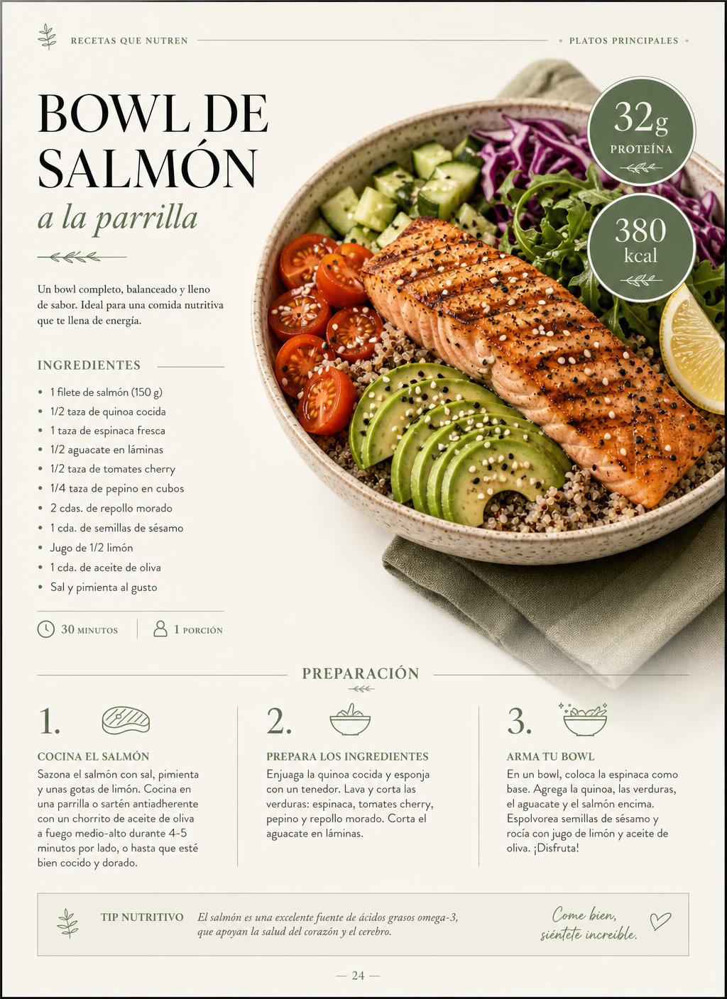 Página del recetario: bol de salmón