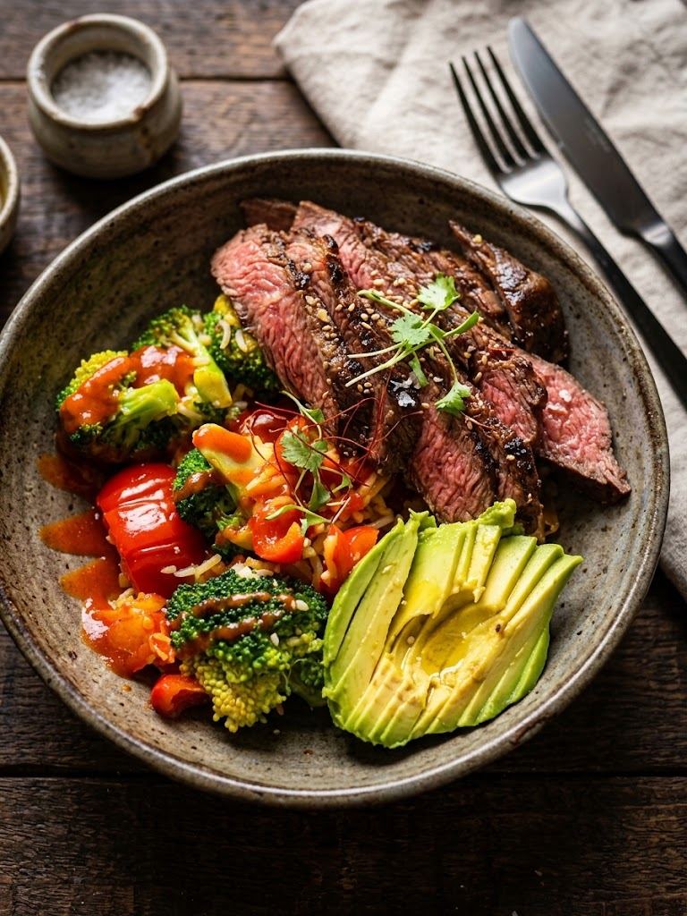 Ternera con verduras y aguacate